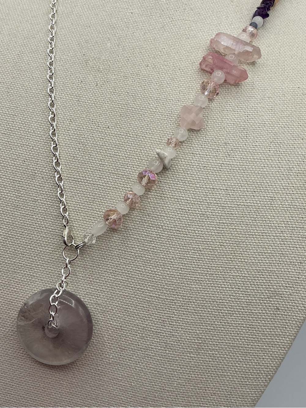 Delicate Pink Purple Beaded Crystal Donut Pendant Necklace
